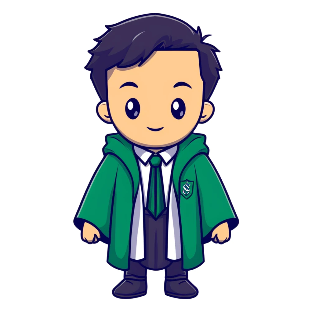 Young wizard in Slytherin uniform with green tie and robe sticker