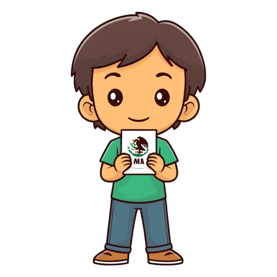 Brunette big nose Mexican boy holding a muha med sticker