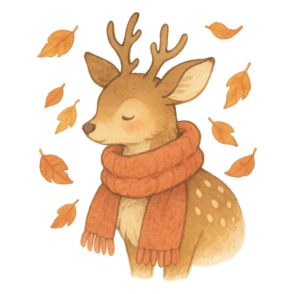 deer in a wooly scarf among falling leaves, cozy fall palette, soft pastel, ghibli style sticker