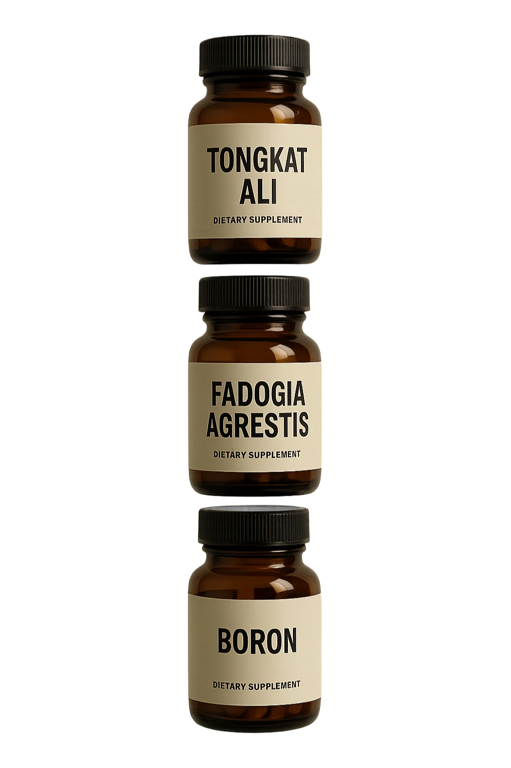 4 boccette di integratore: Tongkat Ali, Fadogia Agrestis, Boron e Zinco fluttuano in aria verticalmente sticker