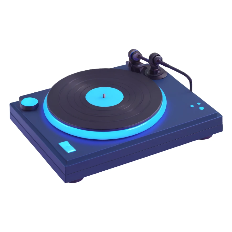Design a black version of this Pixar-style turntable, with a glossy finish and a touch of blue lighting for a modern feel, in the Pixar 3D style. sticker
