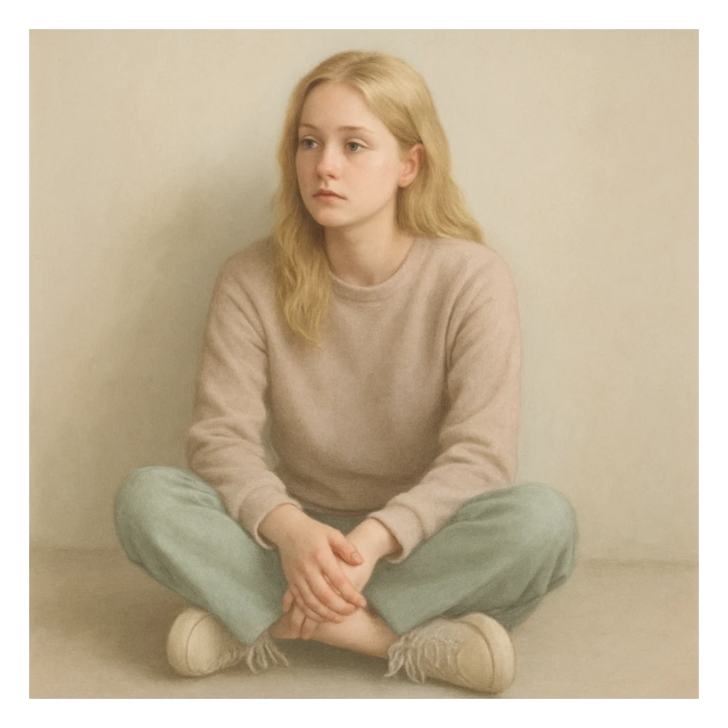 a blonde-haired woman sitting and waiting, casual style, soft colors sticker