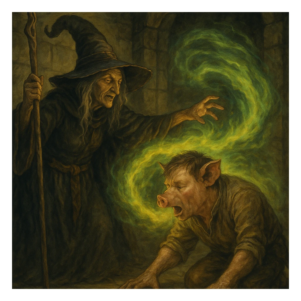 witch casting a spell with a human beginning to transform into a pig, detailed fantasy style sticker