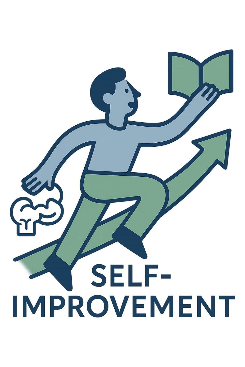 Add a book or brain icon to the self improvement logo. Maintain the modern, uplifting, clean lines style with an abstract human figure in upward motion. Use a blue and green color palette. No background. Keep the design harmonious and balanced. sticker