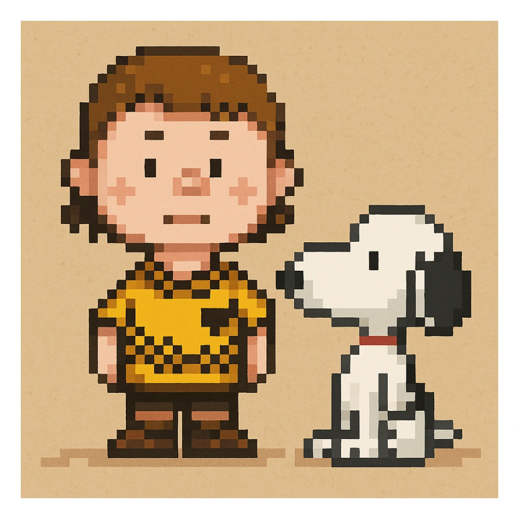 Add Snoopy next to Charlie Brown in pixel art style with a simple background. Use pixel art style as reference for the editor. sticker