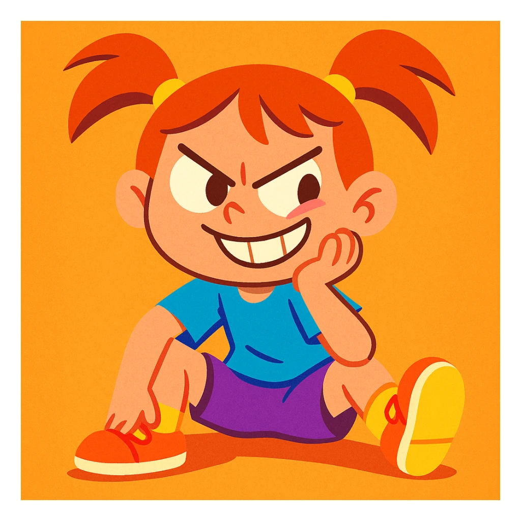 mischievous girl, playful expression, casual pose, vibrant colors, cartoon style sticker