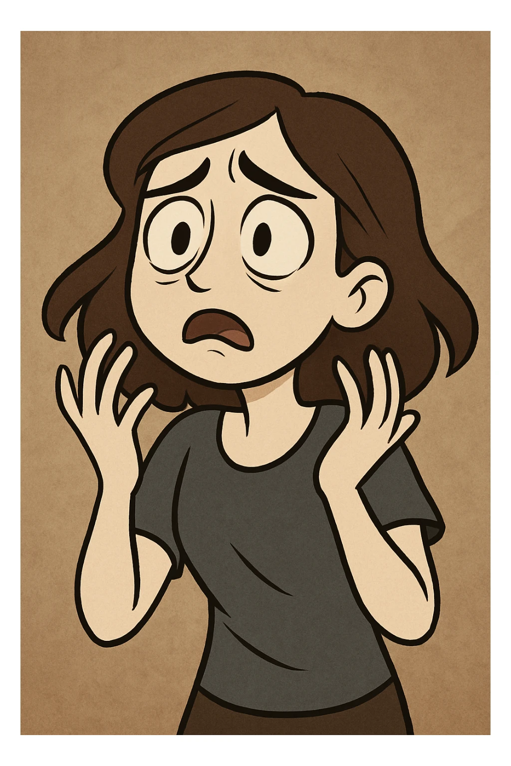 a pale, brunette girl acting, showing dramatic emotions, cartoon style sticker