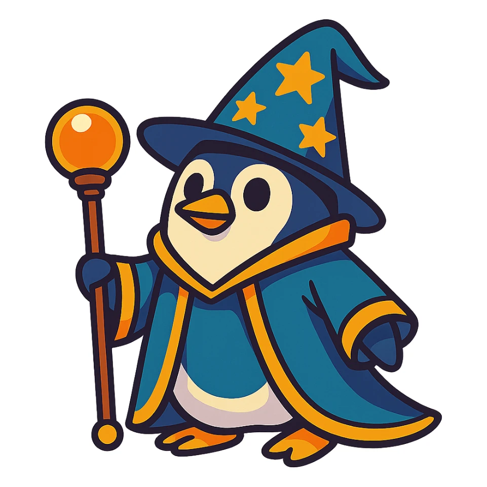 fun and whimsical penguin dressed as a wizard, with a pointy hat and a magic staff sticker