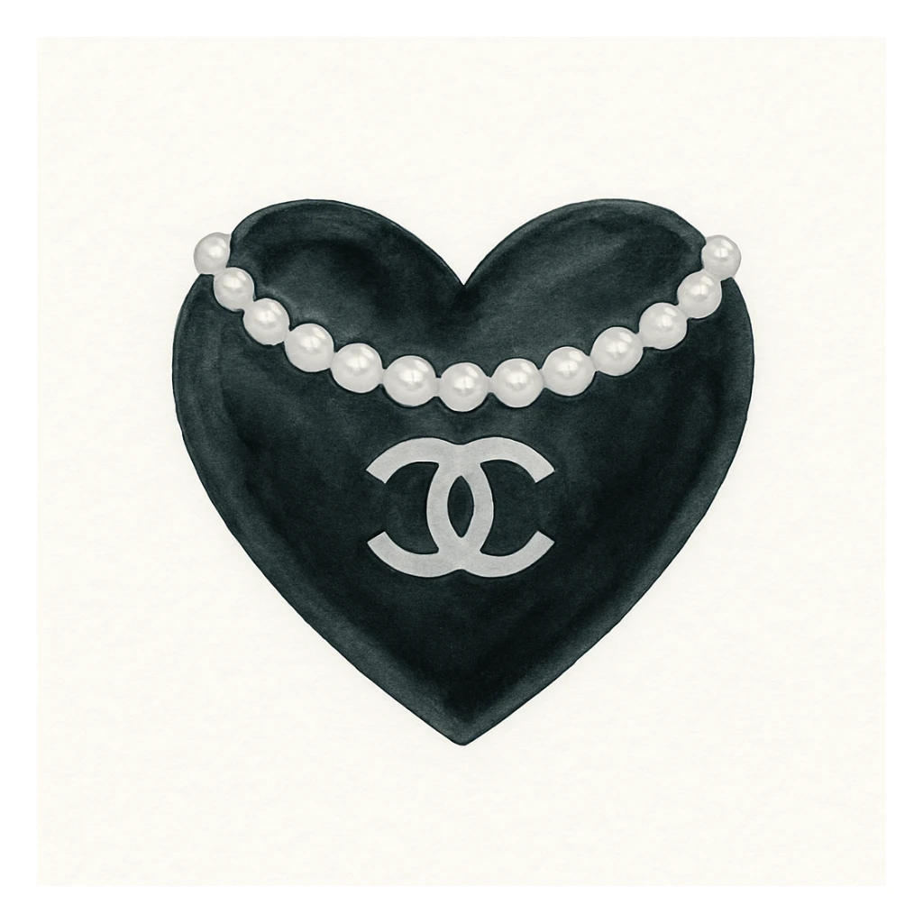 glossy black heart with a string of pearls around it, featuring a silver Chanel logo in the center, elegant, black and white color scheme, watercolor art style sticker