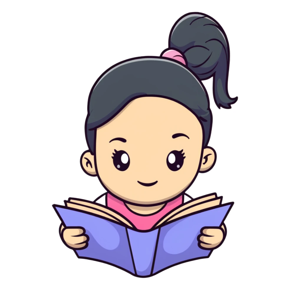 Cute girl with ponytail reading from an open notebook sticker