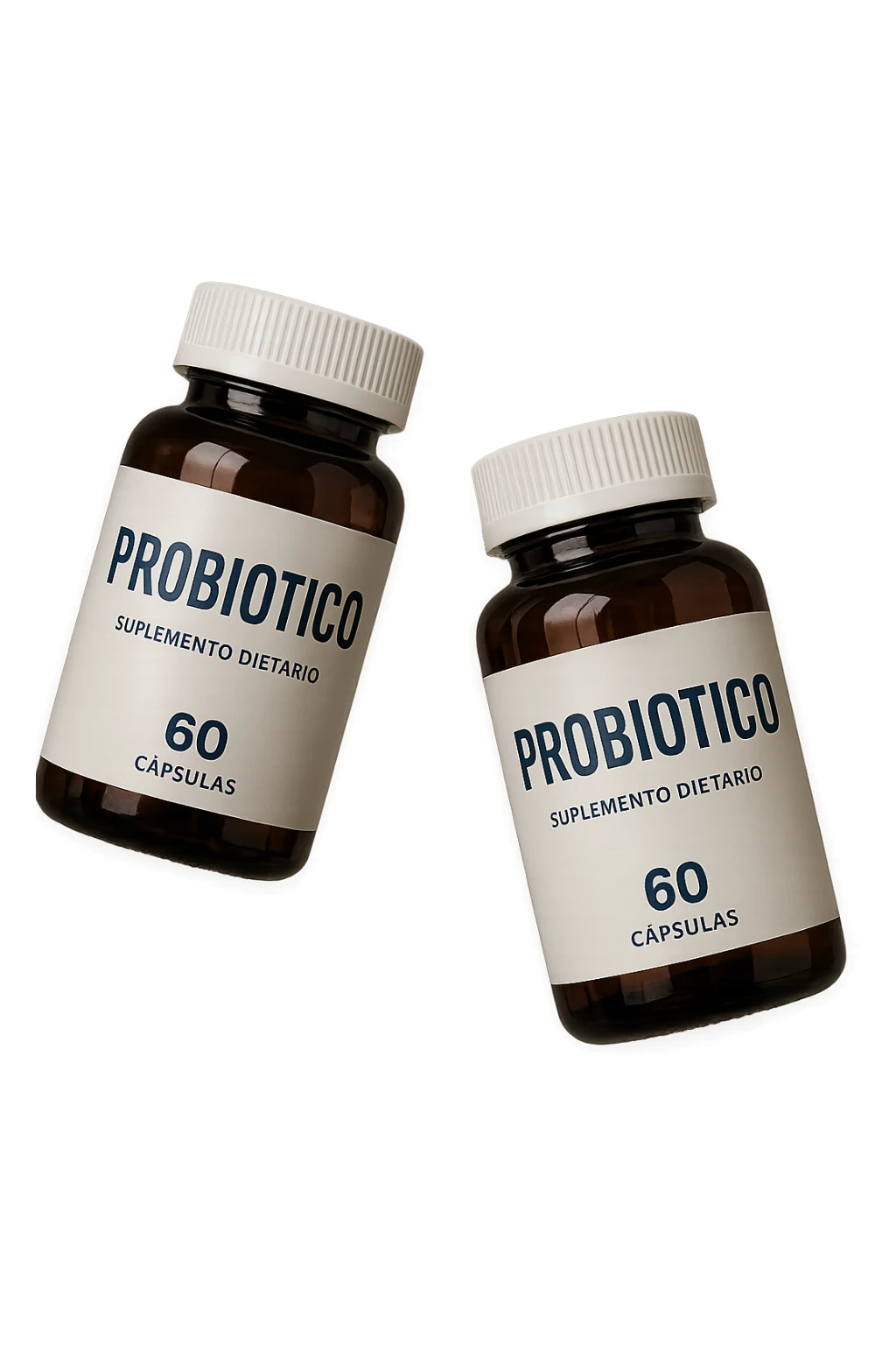 due boccette di integratori con la scritta "PROBIOTICO" SULL'ETICHETTA, FLUTTUANO IN ARIA, realistica 4k sticker