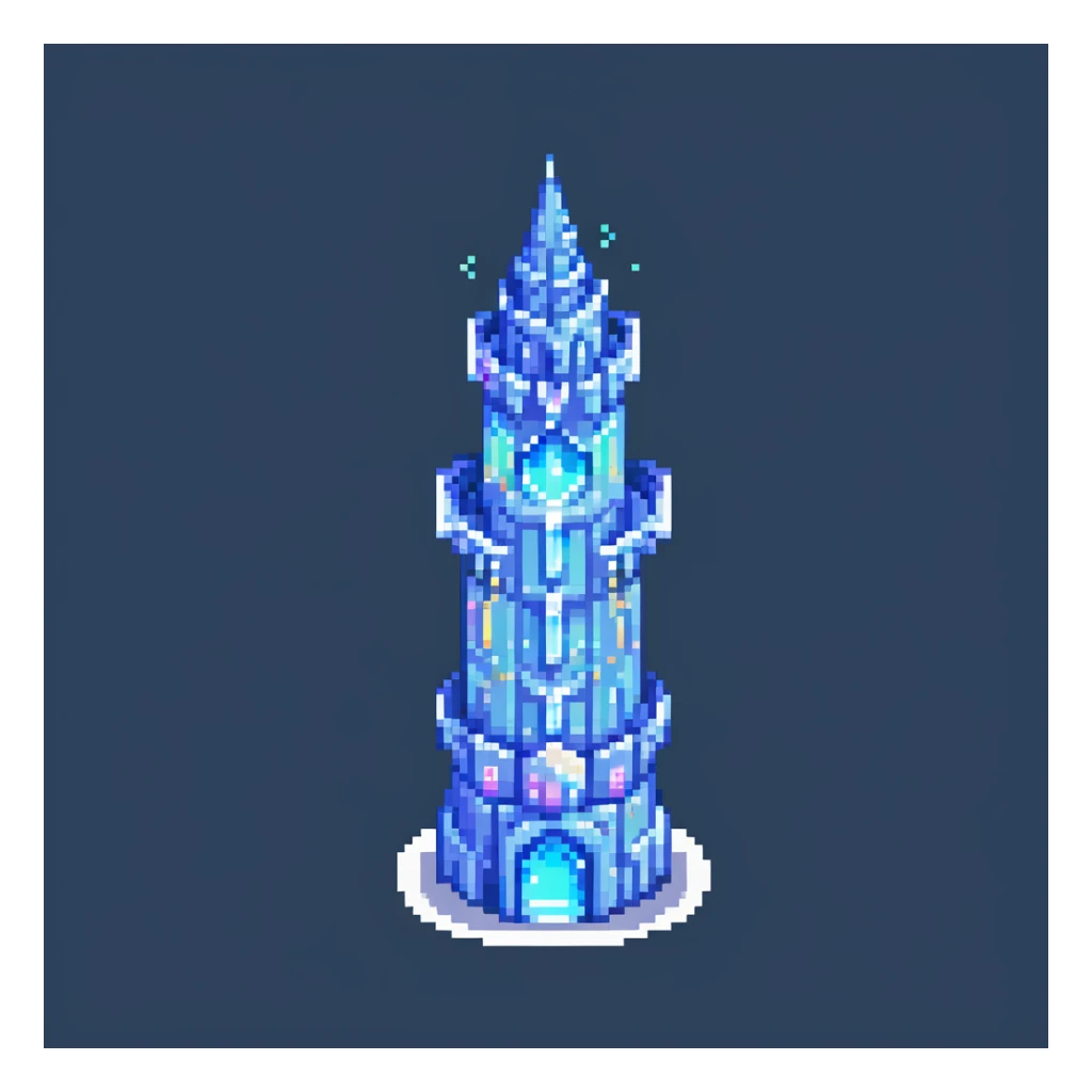 Magical ice tower home for a penguin wizard with glowing windows and magical aura sticker