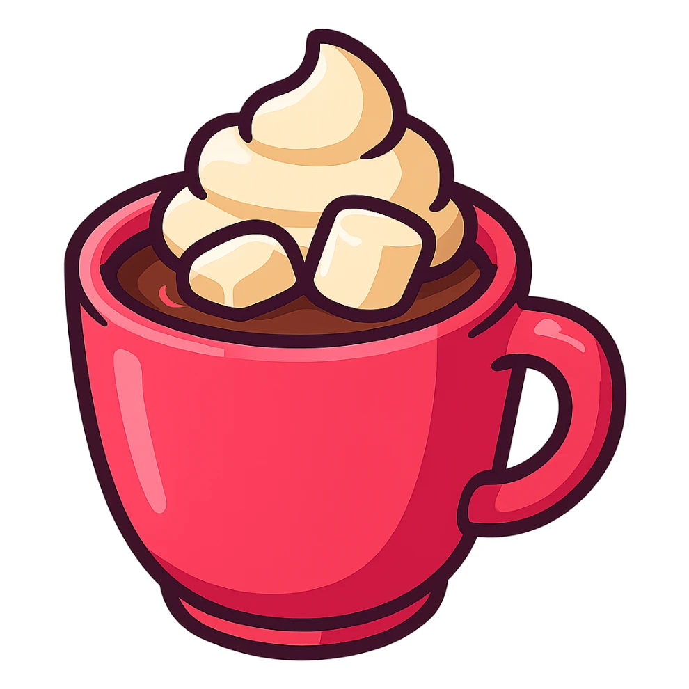 hot chocolate in a pink cup, 3D cartoon style, playful sticker