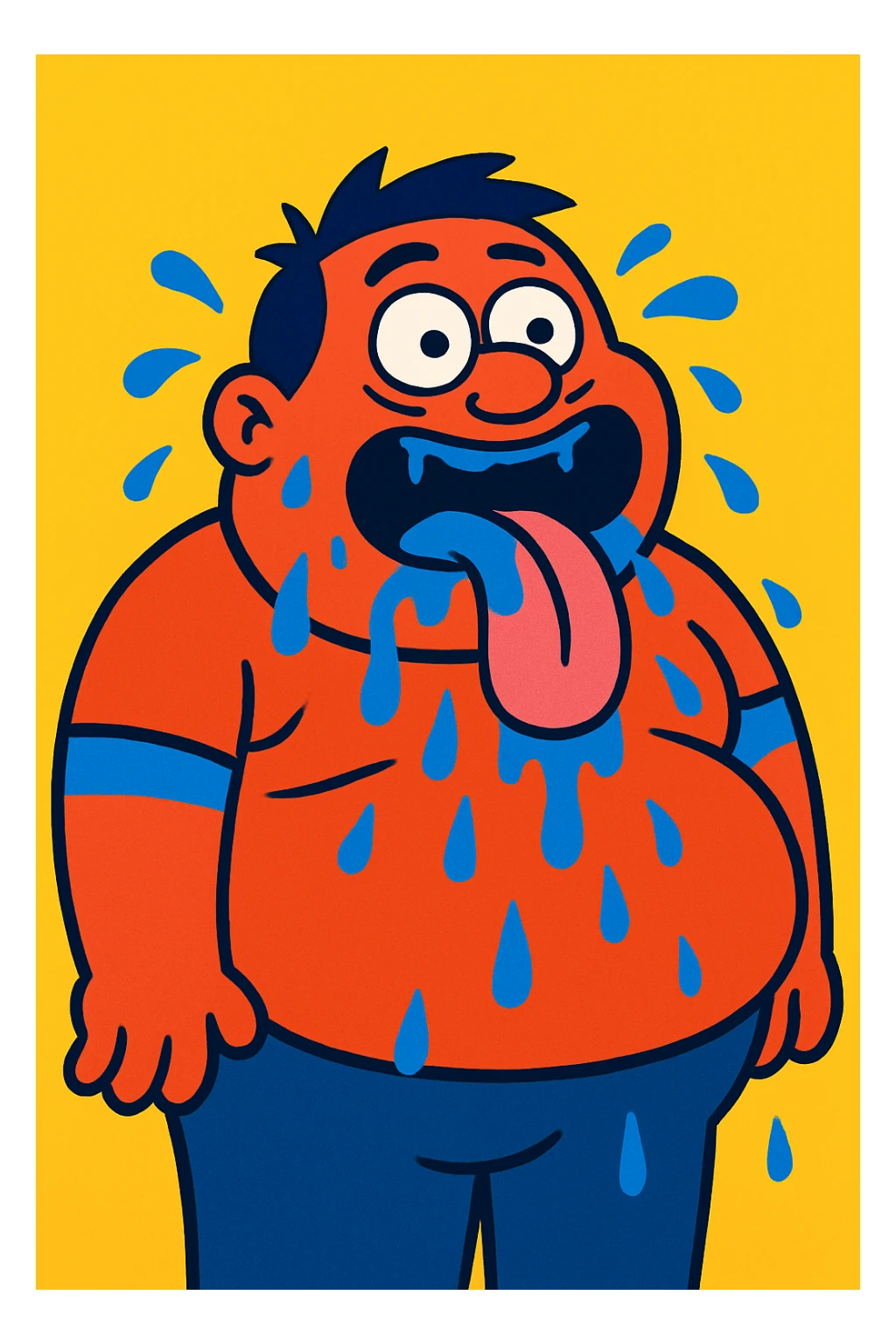 fat man drooling everywhere, tongue out, eyes open, vibrant toon style sticker