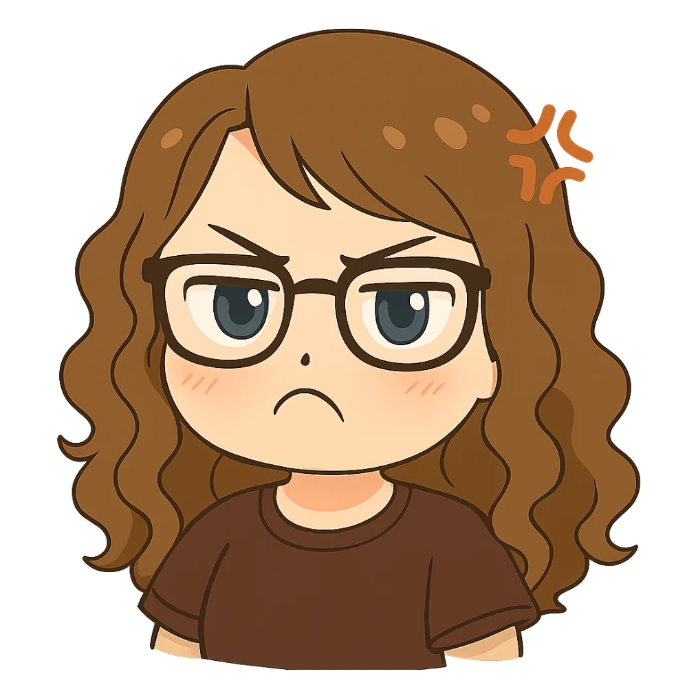 Create a chibi sticker emoji of the person in the reference image with glasses and curly hair, pouting and looking mad. The style should be cute and expressive with a transparent background. sticker