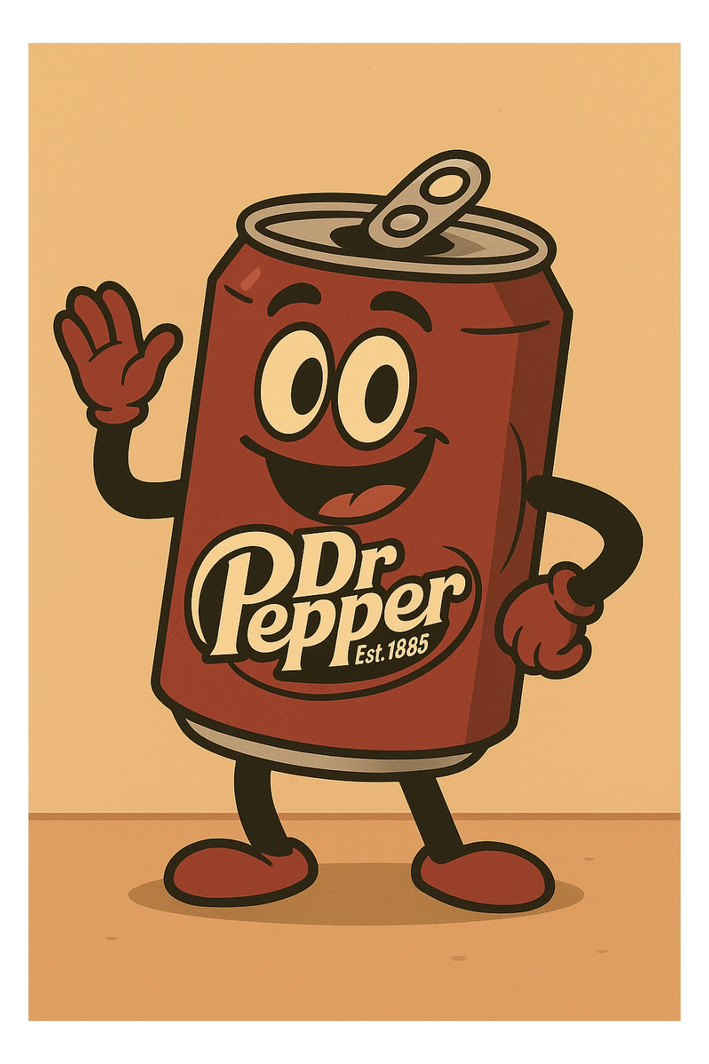 Add a vintage Dr Pepper label to this cartoon soda can, keep bold outlines and playful look. sticker
