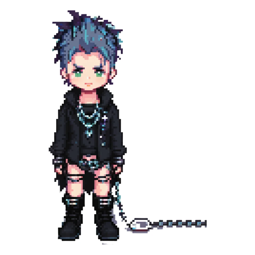 goth boy, pixel art, spiky hair, black boots, chains, minimalist sticker