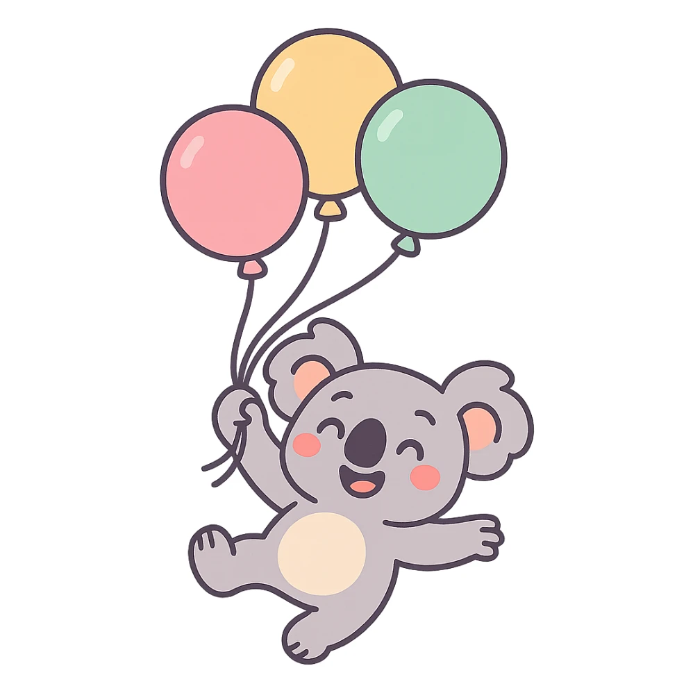 koala floating with pastel balloons, happy face, pastel-toon style sticker