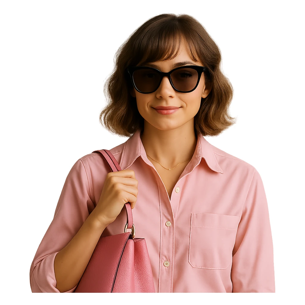 Add stylish sunglasses and a pink handbag in a realistic style. Keep the background transparent. sticker