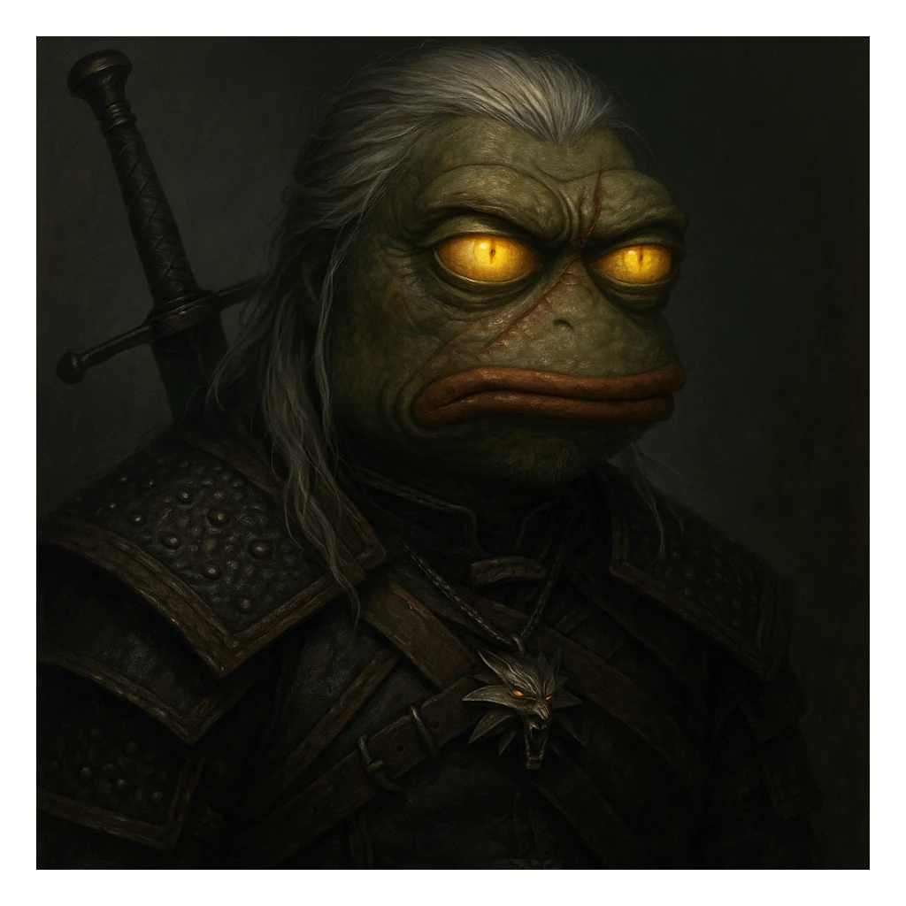 Пэпэ as a Witcher, with glowing yellow eyes and a scarred face sticker