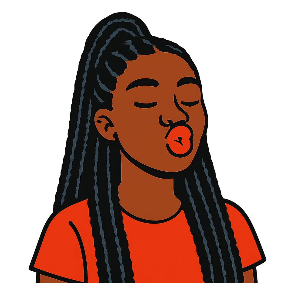 Black girl with long black braids, half up half down hairstyle, doing a kissy face sticker