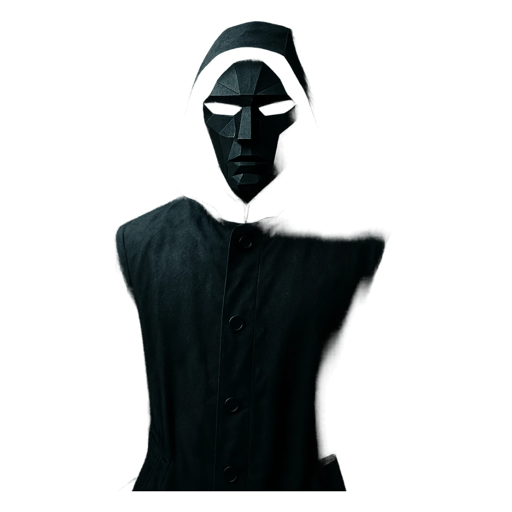 Squid Game series, Front Man in black mask and coat, mysterious atmosphere sticker