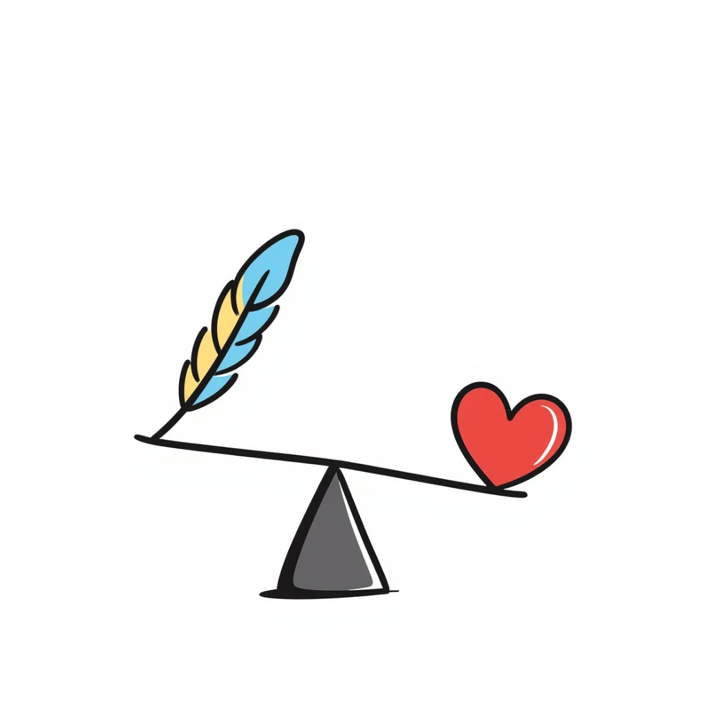 A simple scale balancing a colorful feather and a red heart, representing emotional balance and lightness. Colorful hand-drawn doodle style with blues, reds, and yellows. sticker