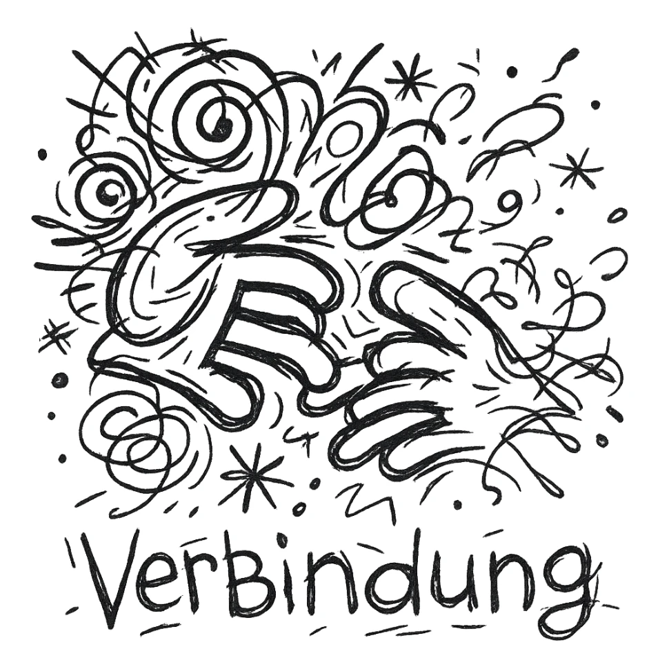 Add the text 'Verbindung' below the icon in a chaotically drawn style with loose lines, on a transparent background. sticker