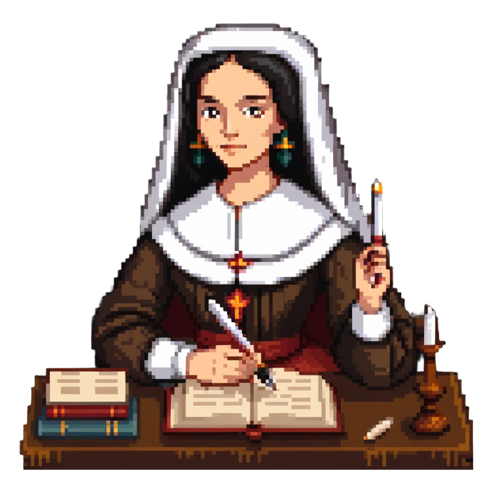 Sor Juana Inés de la Cruz with a quill pen and books sticker