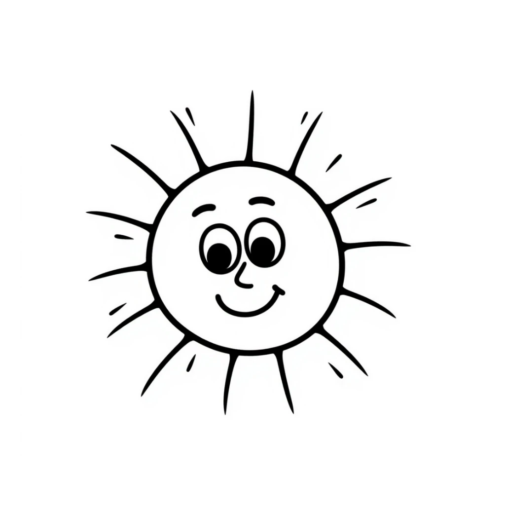 hand-drawn doodle of a smiling sun with rays, black ink, Notion style sticker