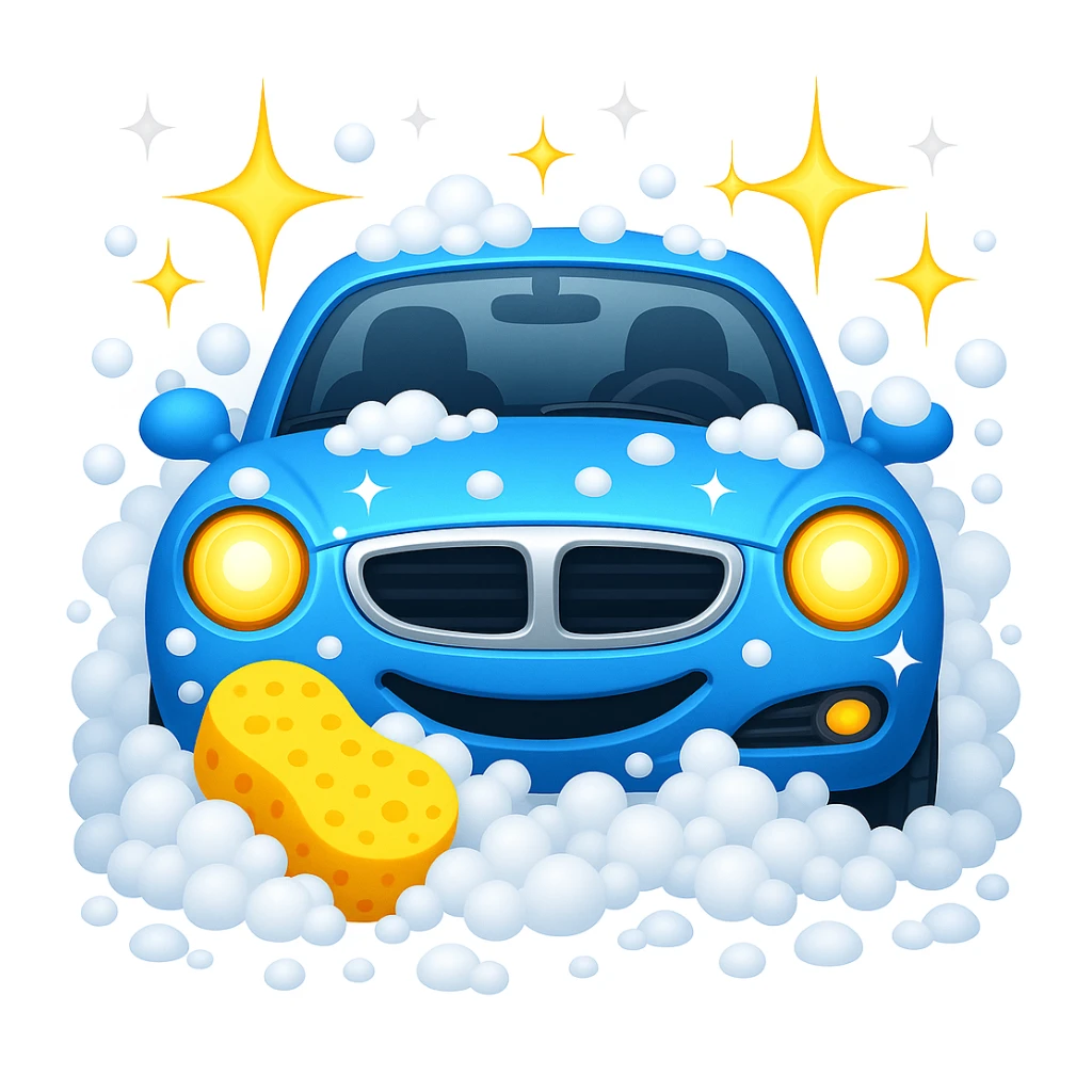 Add more soap bubbles around the car, maintaining the sparkling clean theme. The original style is emoji style, so keep the look consistent with emoji style in the edits. sticker