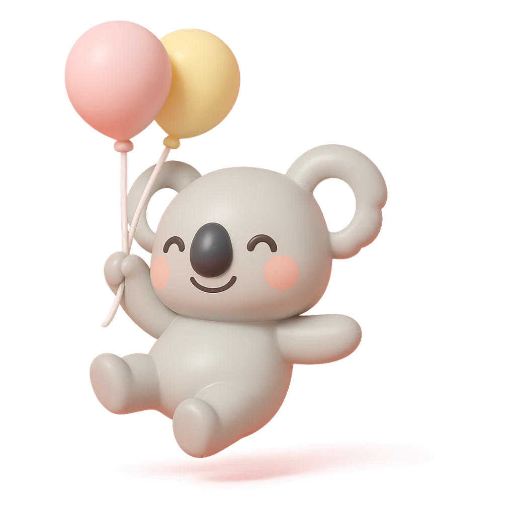 koala floating with pastel balloons, happy face, vinyl figure style sticker