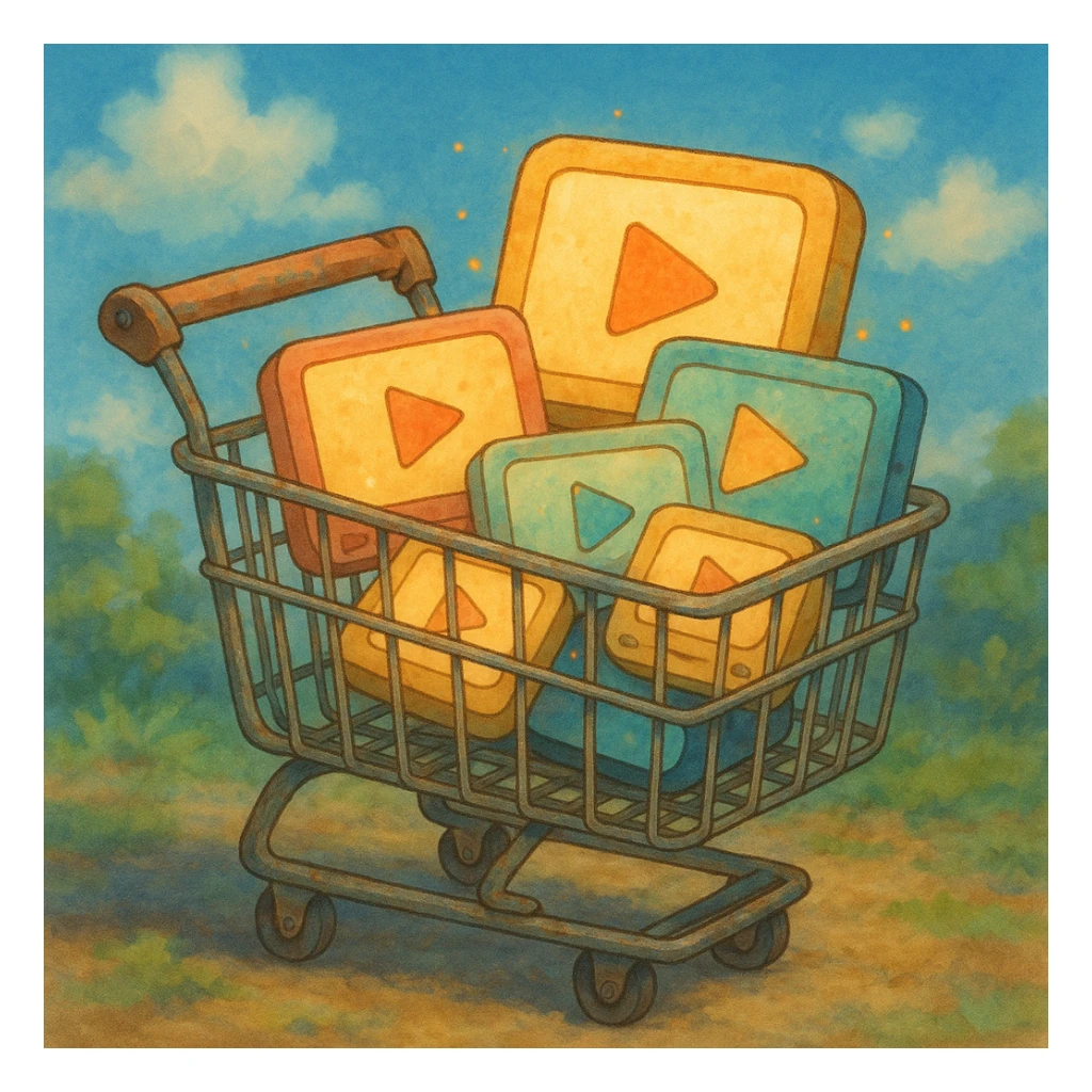 shopping cart with video player icons inside, ghibli style sticker