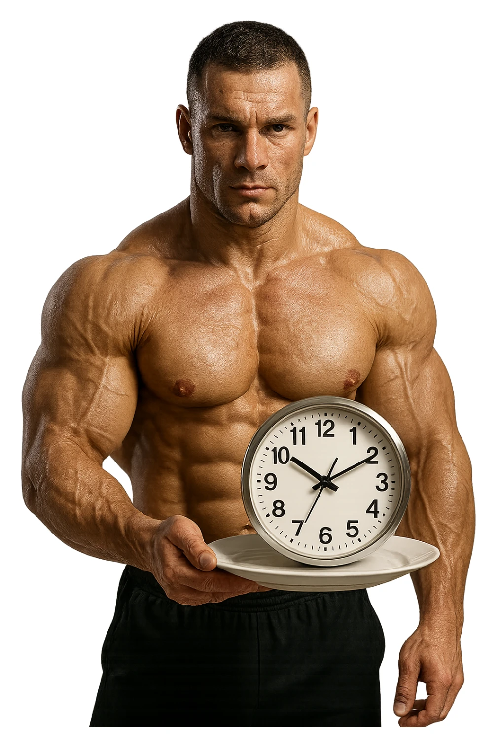 bodybuilder che ha un piatto in mano con un orologio che simboleggia il digiuno intermittente, iperrealistico 4k sticker
