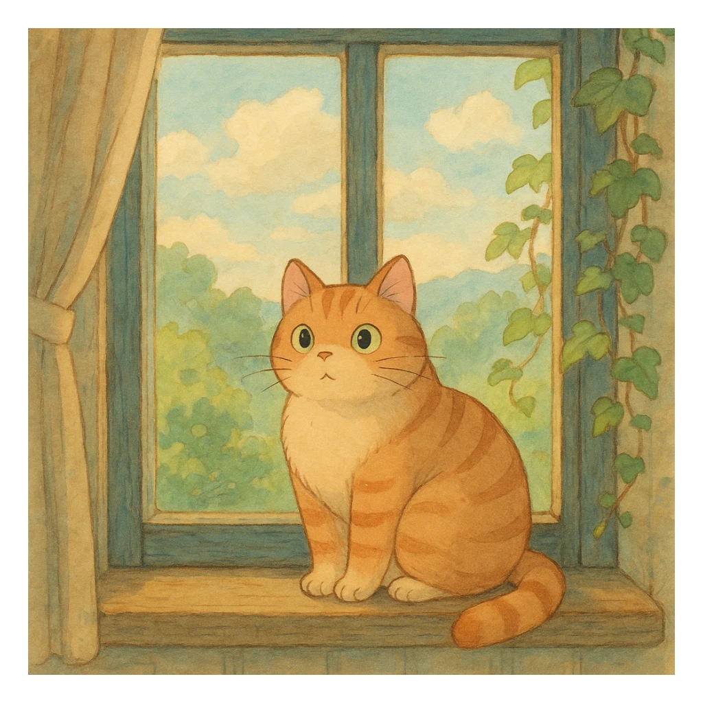 ghibli style cat sitting on a windowsill, detailed, soft colors, whimsical atmosphere sticker