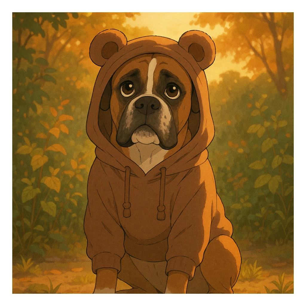 perro bóxer sentado, mirada tierna, buzo con capucha de orejas de osito marrón, iluminación golden hour, entorno natural con follaje, ghibli style sticker