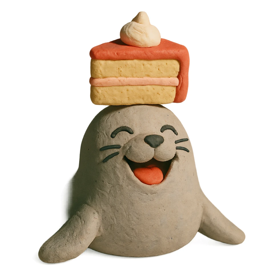 cutie baby seal balancing cake on head with laughing face in claymation style sticker