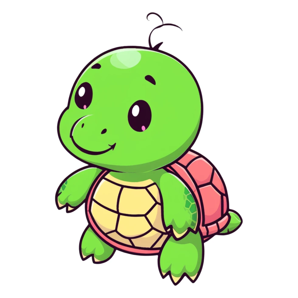 cute plushie turtle with light pink skin, round head, and red shell, smooth skin texture sticker