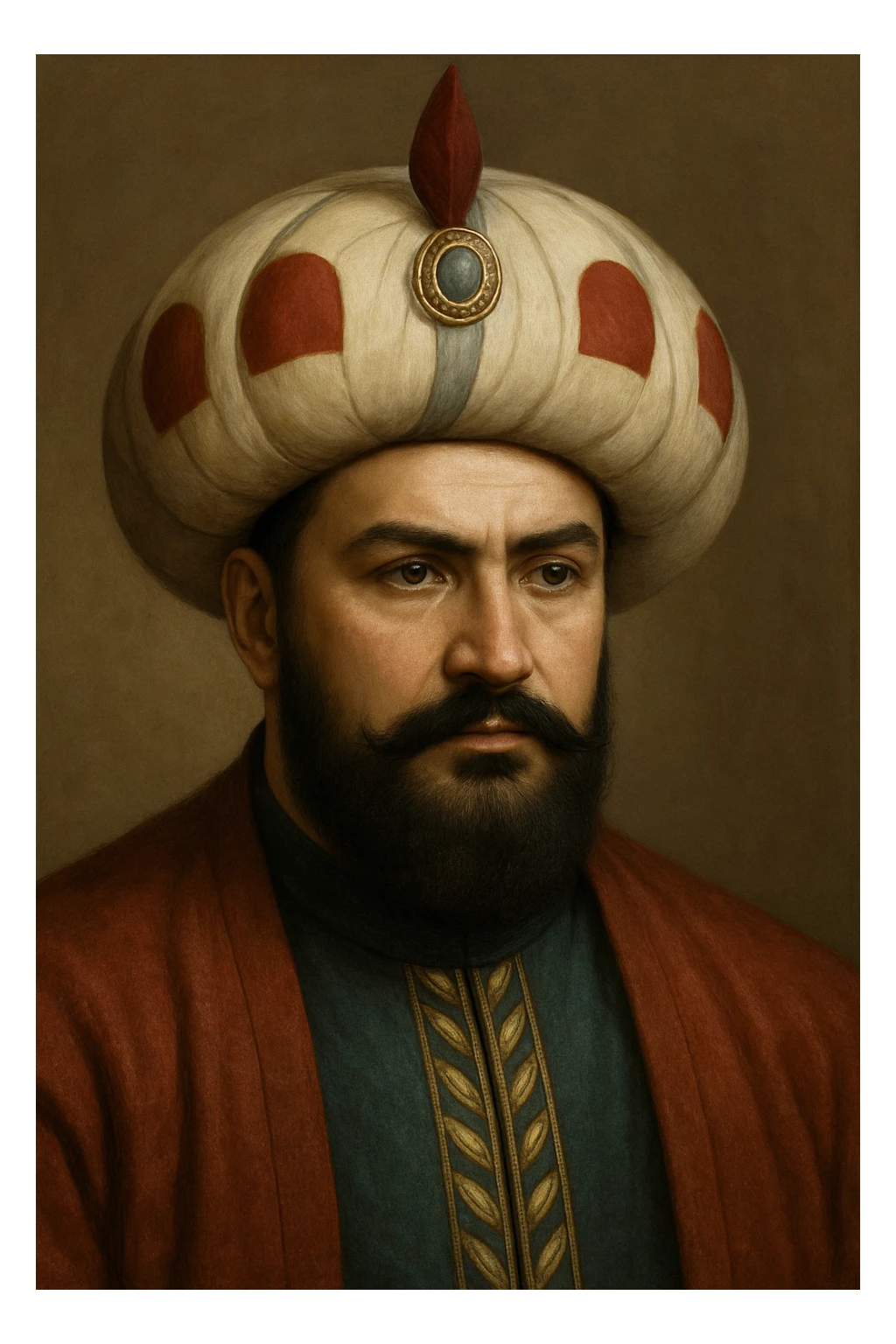 Make this contemporary art style head of Sultan Murad IV more realistic, with authentic Ottoman features, realistic textures, and a dignified expression. Render as a lifelike portrait with historical accuracy. sticker