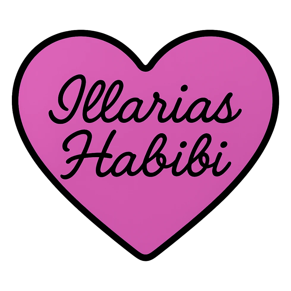 Change the font of the text 'Illarias Habibi' to a script or handwritten style, keeping the black and purple heart design with no background. sticker