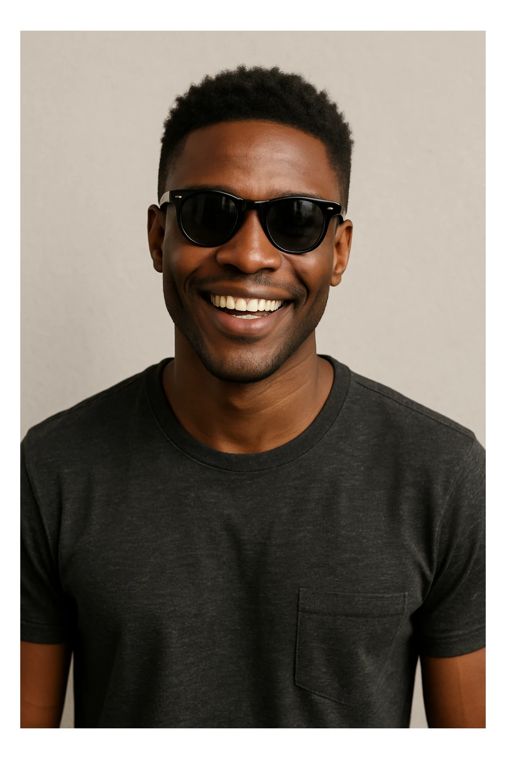 black man with sunglasses, smiling, casual look, neutral background sticker
