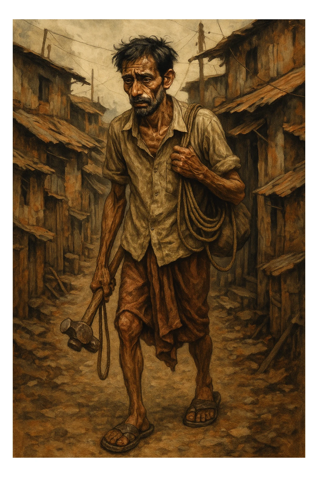 expressive illustration of a struggling Indian father, thin and tired, walking to work in old sandals, carrying tools, slum background sticker