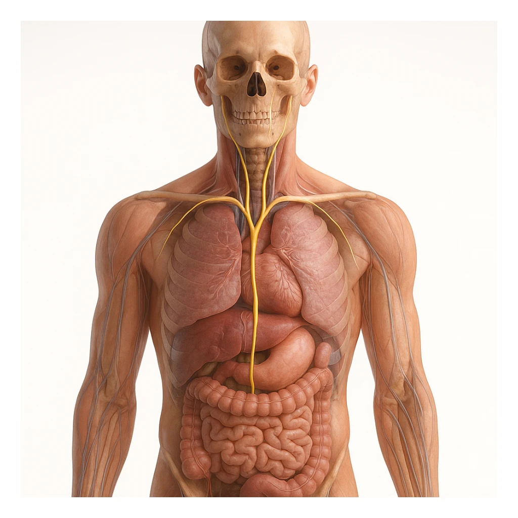 realistic 4K image of human body with vagus nerve highlighted, front view, anatomical details, visible path of vagus nerve, transparency on internal organs, natural colors, white background sticker
