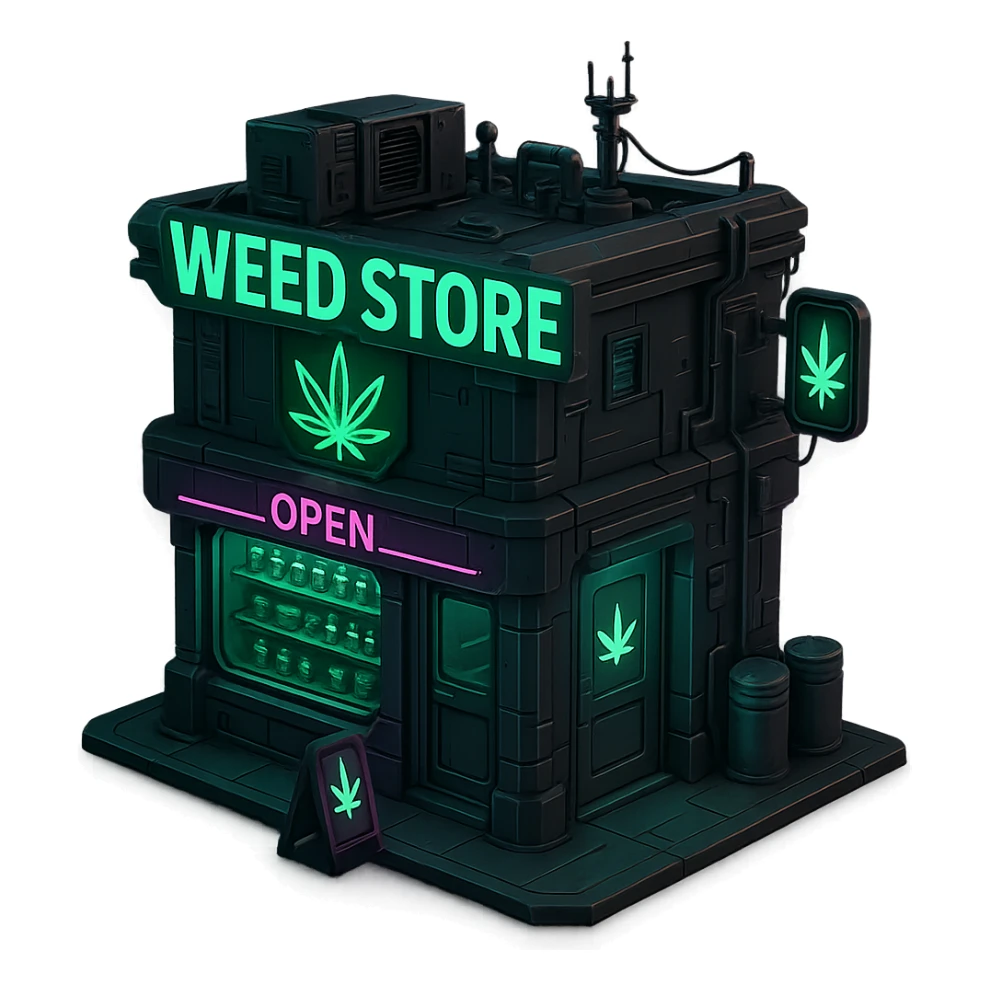 3D model of a weed store, cyberpunk style sticker