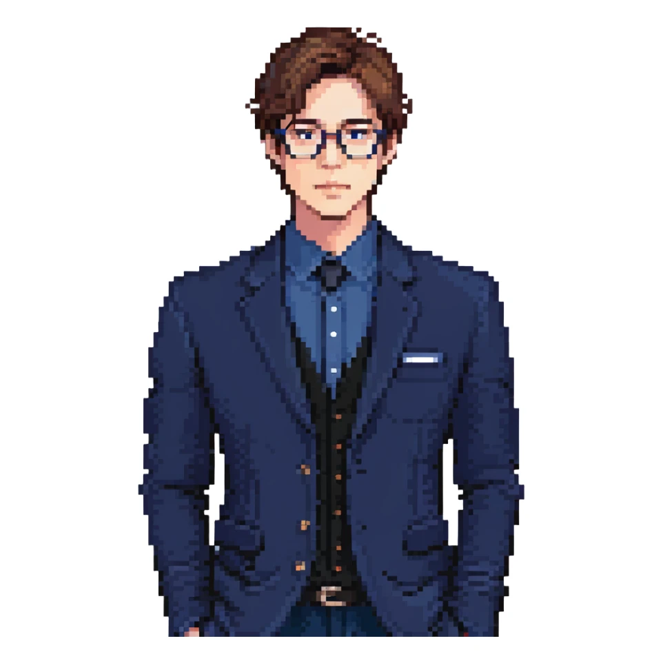 Flat pixel art, focused and reserved male architect, short sleek brown hair, wearing glasses, intense sharp eyes, wearing a deep indigo suit jacket over a black shirt, holding a blue print, waist-up, front-facing sticker