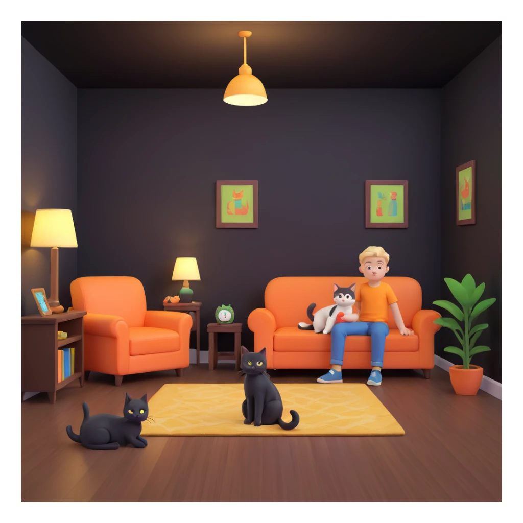 boy and cat pet, living room background sticker