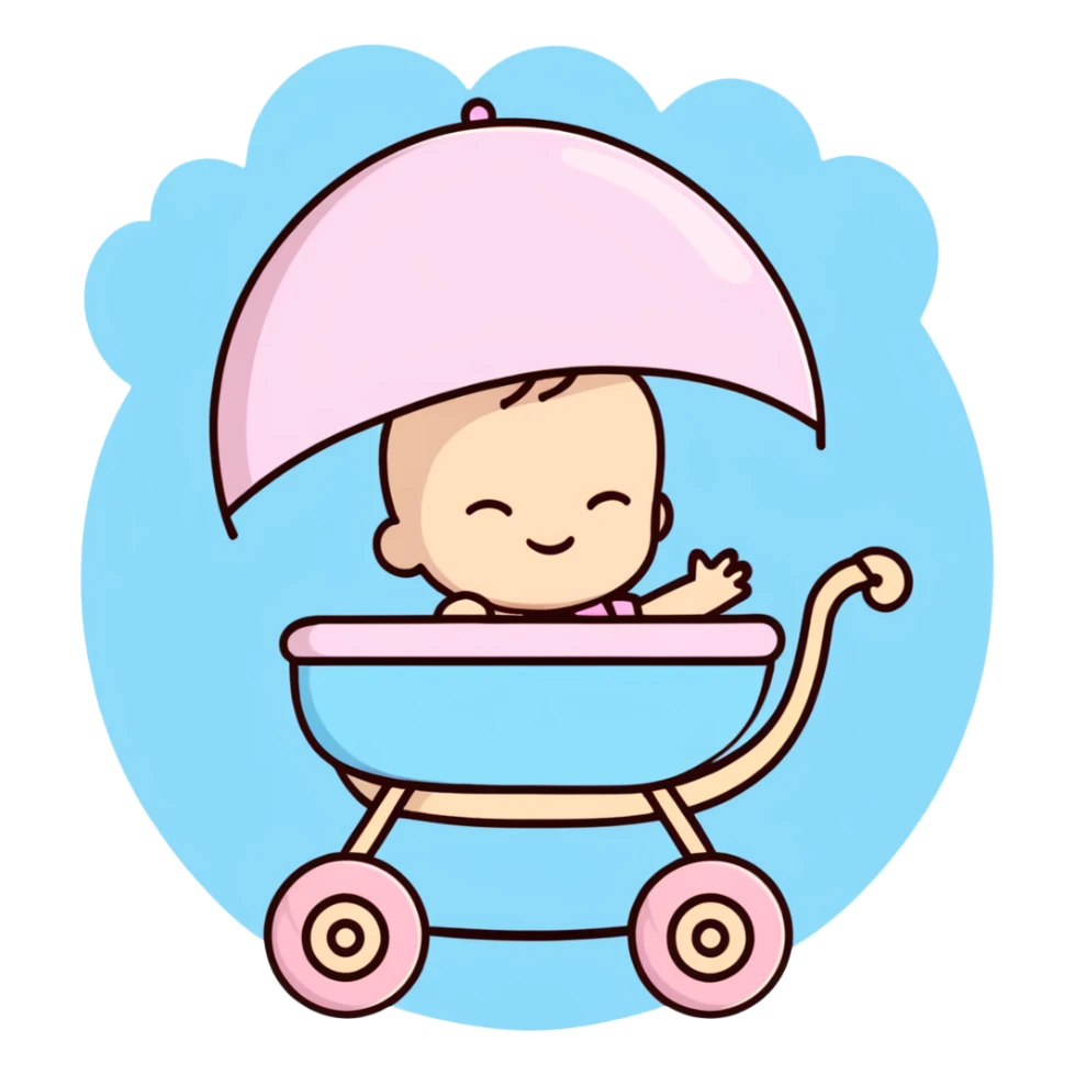 peaceful sleeping baby with closed eyes in pink and beige stroller with pastel blue clouds decoration sticker