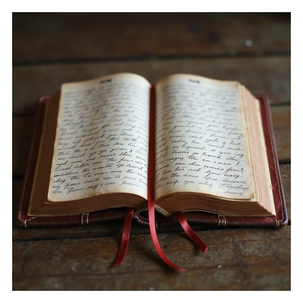 a realistic leather-bound diary, detailed, open to a page with handwriting, dark red leather, ribbon bookmark sticker