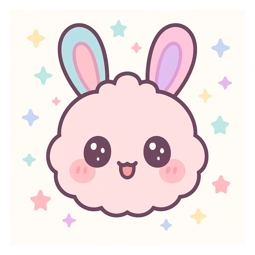 kawaii chibi-style bunny emoji with a round fluffy face, sparkly eyes, blushing cheeks, pastel color palette, happy mood, soft rounded design, anime-style, black background, vector art sticker