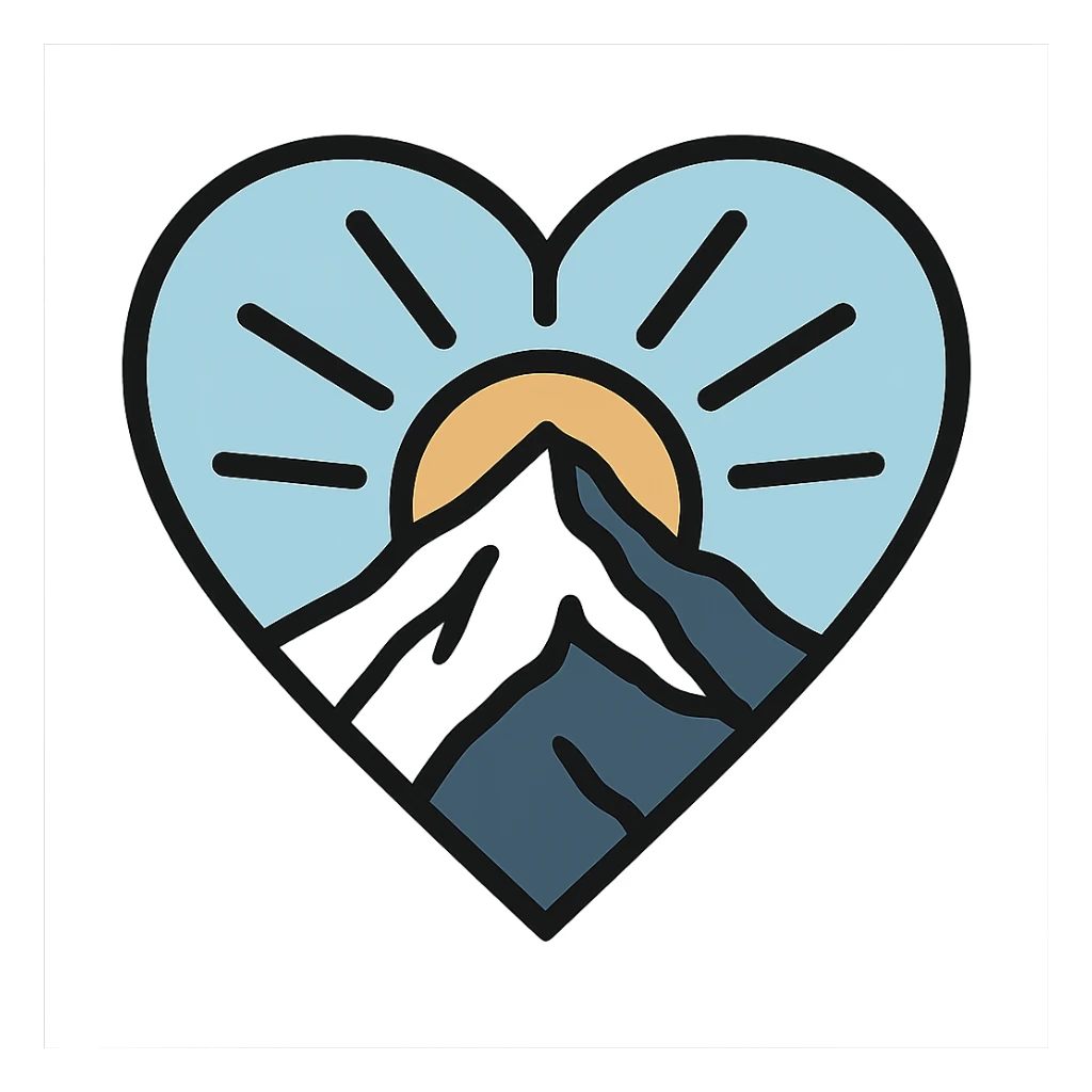 heart with a snowy mountain sunrise, clean digital illustration, no background sticker